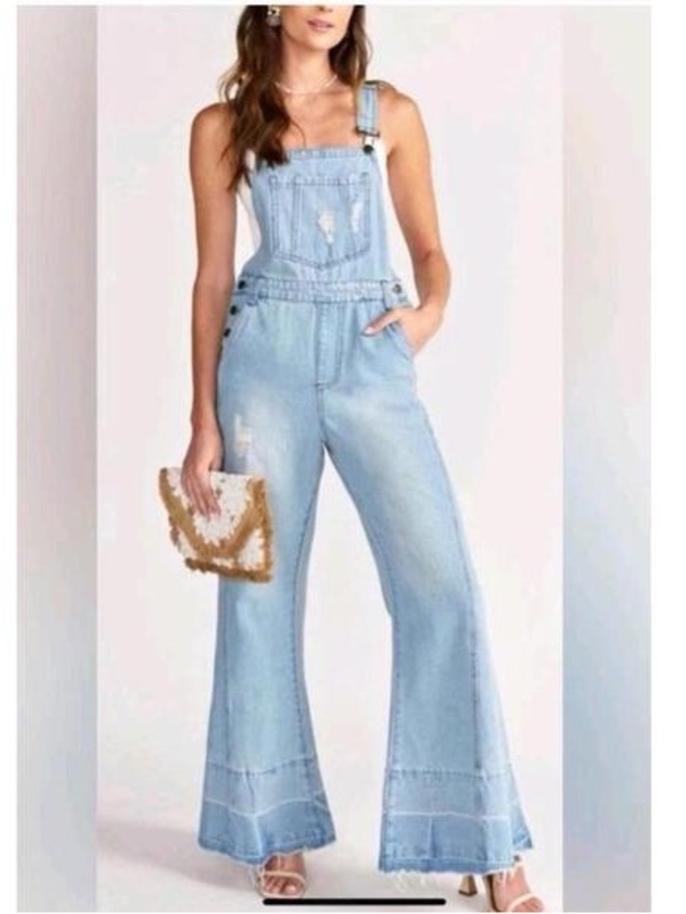 Aaron & Amber | Light Blue Denim Wide-Leg Frayed Hem Overalls